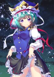 Rule 34 | black skirt, blouse, blue eyes, blue vest, breasts, clothes lift, frilled hat, frills, green hair, hat, juliet sleeves, kashi kosugi, lifting own clothes, long sleeves, miniskirt, night, night sky, panties, pantyshot, puffy sleeves, red ribbon, ribbon, shiki eiki, shirt, short hair, skirt, skirt lift, sky, small breasts, smile, solo, sparkle, star (sky), touhou, underwear, vest, white panties, white ribbon, white shirt