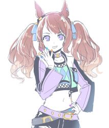 Rule 34 | 1girl, :p, animal ears, black shorts, blue bow, blue nails, bow, brown hair, closed mouth, crop top, cropped jacket, hair bow, hand on own hip, hand up, horse ears, jacket, long hair, looking at viewer, midriff, mizuki riko, multicolored nails, nail polish, navel, open clothes, open jacket, orange nails, purple eyes, purple jacket, purple nails, shorts, simple background, smile, solo, swept bangs, tongue, tongue out, tosen jordan (umamusume), twintails, umamusume, white background, yellow nails