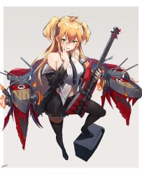 Rule 34 | 1girl, absurdres, admiral hipper (azur lane), admiral hipper (muse) (azur lane), ahoge, azur lane, bare shoulders, black necktie, black skirt, black thighhighs, blonde hair, breasts, commentary request, fingerless gloves, from above, gloves, green eyes, guitar, hair between eyes, highres, huge filesize, instrument, long hair, looking at viewer, medium breasts, miniskirt, mole, mole under eye, navel, necktie, pleated skirt, shirt, simple background, single glove, skirt, sleeveless, sleeveless shirt, solo, thighhighs, tongue, tongue out, two side up, white background, white shirt, yossui