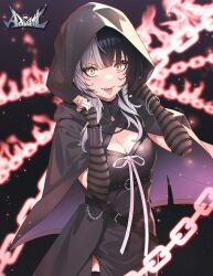 Rule 34 | 1girl, black cape, black dress, black hair, black sleeves, blunt bangs, cape, chain, commentary, detached sleeves, dress, english commentary, fangs, highres, hololive, hololive english, hood, hood up, hooded cape, looking at viewer, medium hair, multicolored hair, shiori novella, shiori novella (1st costume), sk jynx, sleeveless, sleeveless dress, solo, split-color hair, streaked hair, striped sleeves, tongue, tongue out, virtual youtuber, white hair, wristband, yellow eyes