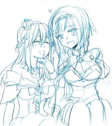 Rule 34 | 10s, 2girls, :d, = =, ark royal (kancolle), bare shoulders, blue theme, blush, bob cut, bow, bowtie, braid, breasts, cleavage, cleavage cutout, closed eyes, clothing cutout, commentary request, corset, covering own mouth, crown, dress, flower, french braid, hair between eyes, hair ornament, hairband, heart, jewelry, kantai collection, lineart, long hair, long sleeves, mini crown, monochrome, multiple girls, necklace, off-shoulder dress, off shoulder, open mouth, ribbon, rose, sanpachishiki (gyokusai-jima), short hair, simple background, sitting, smile, tiara, traditional media, warspite (kancolle), white background