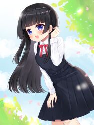 Rule 34 | 1girl, :d, black dress, black hair, blue eyes, blue sky, blunt bangs, blush, bow, breasts, cloud, cloudy sky, collared shirt, commission, day, dress, dress shirt, feet out of frame, hand up, leaning forward, long hair, long sleeves, looking at viewer, open mouth, original, outdoors, petals, pinafore dress, pleated dress, red bow, school uniform, shikito (yawa0w0), shirt, skeb commission, sky, sleeveless, sleeveless dress, small breasts, smile, solo, standing, very long hair, white shirt