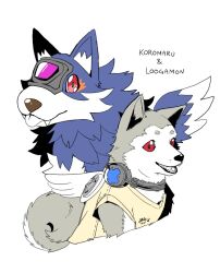 Rule 34 | crossover, digimon, digimon (creature), dog, koromaru (persona), loogamon, open mouth, persona, persona 3, sharp teeth, simple background, tail, teeth, white background, wolf