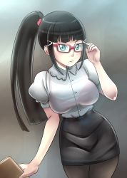 Rule 34 | 1girl, adjusting eyewear, alternate hairstyle, bespectacled, black hair, bra, closed mouth, glasses, green eyes, hair ornament, hair scrunchie, kurosawa dia, long hair, looking at viewer, love live!, love live! sunshine!!, mole, mole under mouth, pabsmikan, pencil skirt, ponytail, red bra, scrunchie, see-through, skirt, solo, standing, underwear