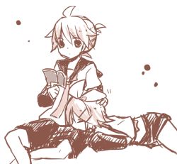 Rule 34 | 1boy, 1girl, ahoge, bad id, bad pixiv id, book, brother and sister, holding, holding book, kagamine len, kagamine rin, lap pillow, monochrome, open book, headpat, reading, short hair, shorts, siblings, twins, utaori, vocaloid