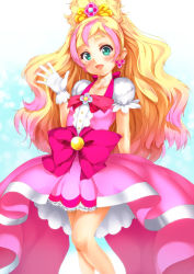 Rule 34 | 1girl, aqua eyes, blonde hair, blue background, blue eyes, blush, bow, buttons, choker, cure flora, dress, earrings, eyelashes, flower, flower necklace, frilled skirt, frills, gloves, go! princess precure, gradient background, gradient hair, hair ornament, half updo, haruno haruka, highres, jewelry, long hair, magical girl, multicolored hair, necklace, ometeotoru akira, open mouth, pink hair, pink skirt, precure, puffy short sleeves, puffy sleeves, ribbon, short sleeves, skirt, smile, solo, streaked hair, two-tone hair, waist bow, waving, wavy hair, white background