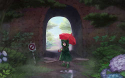 Rule 34 | 1girl, black hair, boots, child, esukee, flower, frog, hydrangea, looking at viewer, nature, original, puddle, rain, raincoat, road sign, rubber boots, scenery, short hair, sign, snail, solo, tunnel, umbrella, wallpaper, aged down