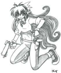 Rule 34 | 1girl, blush, gomamiso (gomamiso sp), gun, long hair, miwajou, monochrome, open mouth, original, simple background, sleeves rolled up, solo, very long hair, weapon, white background
