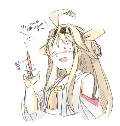 Rule 34 | 10s, 1girl, ^ ^, ahoge, alternate hair color, blonde hair, blush, brown hair, detached sleeves, double bun, closed eyes, hairband, headgear, kantai collection, kongou (kancolle), long hair, long sleeves, needle, nontraditional miko, open mouth, personification, seo tatsuya, smile, solo, syringe, tea, upper body