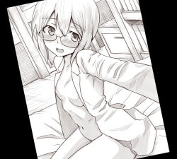 Rule 34 | 1girl, :3, blush, breasts, glasses, liar lawyer, looking at viewer, monochrome, naked shirt, navel, open mouth, reaching, reaching towards viewer, selfie, shirt, short hair, sitting, small breasts, solo, strike witches, strike witches: suomus misfits squadron, ursula hartmann, world witches series