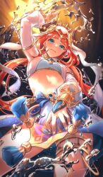 Rule 34 | 1girl, blue bow, blue eyes, blue skirt, bow, breasts, detached sleeves, fake horns, genshin impact, halterneck, horns, long hair, looking at viewer, looking down, low twintails, medium breasts, nayano coffee, nilou (genshin impact), pink lips, red hair, skirt, smile, solo, tassel, thigh strap, twintails, very long hair, water, white veil