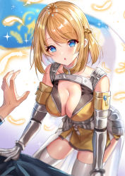 Rule 34 | #compass, 1boy, 1girl, absurdres, bare shoulders, blue eyes, blurry, blurry background, blush, braid, breasts, brown hair, character request, cleavage, depth of field, feathers, gauntlets, hair between eyes, highres, jeanne d&#039;arc (#compass), long sleeves, looking at viewer, medium breasts, parted lips, shanguier, skirt, solo focus, sparkle, sweat, thighhighs, white feathers, white thighhighs, yellow skirt
