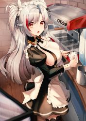 Rule 34 | 1girl, :o, absurdres, alternate costume, apron, azur lane, black dress, breasts, brick wall, commentary request, cup, dress, enmaided, eyes visible through hair, highres, holding, holding cup, huge filesize, indoors, juliet sleeves, large breasts, long hair, long sleeves, looking at viewer, maid, maid headdress, mole, mole on breast, multicolored hair, prinz eugen (azur lane), puffy sleeves, red eyes, red hair, sideboob, silver hair, solo, sora (men0105), standing, streaked hair, two side up, white apron, wooden floor