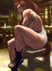 Rule 34 | abs, amputee, baiken, bandages, bare shoulders, big hair, breasts, chair, chest sarashi, guilty gear, infi, large breasts, midriff sarashi, muscular, muscular female, one-eyed, pink hair, ponytail, red eyes, sandals, sarashi, scar, scar across eye, scar on face, sitting, thighs