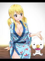 Rule 34 | 1boy, 1girl, aqua kimono, artist name, blonde hair, blue sash, blush, breasts, brown eyes, candy, cleavage, collarbone, eating, facing viewer, fairy tail, food, gaston18, hair tie, hand up, happy, highres, japanese clothes, kimono, large breasts, legs, lollipop, long hair, long sleeves, looking to the side, lucy heartfilia, neck, no bra, open mouth, plue, print kimono, sash, shaking, side slit, sitting, smile, spirit, talking, thighs, tongue, trembling, twintails, wide sleeves, wood, yukata
