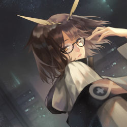 Rule 34 | absurdres, adjusting eyewear, arknights, armband, bob cut, brown hair, cityscape, eyelashes, feather hair, feathers, glasses, hair blowing, high collar, highres, hood, hoodie, looking at viewer, night, night sky, pale skin, rhine lab logo, silence (arknights), sky, solo, xxx sherry, yellow eyes