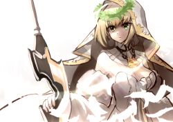 Rule 34 | 10s, 1girl, aestus estus, bad id, bad pixiv id, blonde hair, breasts, chain, closed mouth, detached collar, dress, expressionless, fate/extra, fate/extra ccc, fate (series), feathers, gloves, holding, holding sword, holding weapon, lock, medium breasts, nero claudius (bride) (fate), nero claudius (bride) (third ascension) (fate), nero claudius (fate), nero claudius (fate) (all), short hair, shunichi, simple background, solo, sword, upper body, veil, weapon, white background, white dress, white gloves, wreath