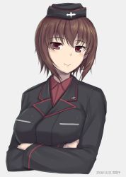 Rule 34 | 10s, 1girl, artist name, blush, breasts, brown eyes, brown hair, closed mouth, collared shirt, crossed arms, dated, garrison cap, girls und panzer, grey background, hair between eyes, hat, large breasts, looking at viewer, military, military uniform, miyai sen, nishizumi maho, red shirt, shirt, short hair, simple background, smile, solo, uniform, upper body, watermark