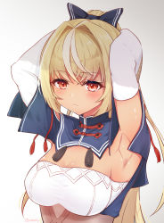 Rule 34 | 1girl, absurdres, armpits, arms behind head, arms up, blonde hair, blue bow, blush, bow, breasts, cleavage, closed mouth, dark-skinned female, dark skin, detached sleeves, embarrassed, gradient background, hair bow, hair intakes, high collar, high ponytail, highres, hololive, long hair, medium breasts, multicolored hair, orange eyes, red eyes, shiranui flare, shiranui flare (old design), solo, streaked hair, twitter username, upper body, virtual youtuber, zky (oekaky)
