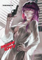 Rule 34 | 1girl, breasts, cleavage, collarbone, commentary, cowboy shot, english commentary, english text, eyewear on head, gun, haekchi, hair between eyes, hand on own hip, hand up, handgun, highres, holding, holding gun, holding weapon, honkai: star rail, honkai (series), kafka (honkai: star rail), large breasts, long hair, looking to the side, nail polish, open clothes, open robe, pink lips, purple eyes, purple hair, purple nails, revolver, robe, round eyewear, sidelocks, smile, solo, sunglasses, twitter username, weapon, white robe