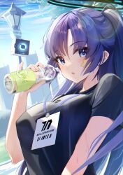 Rule 34 | 1girl, absurdres, black shirt, blue archive, blue eyes, blush, bottle, commentary request, day, drinking, drone, hair between eyes, halo, highres, holding, holding bottle, id card, lanyard, long hair, looking at viewer, official alternate costume, outdoors, parted lips, plastic bottle, ponytail, puripuri, purple hair, shirt, sidelocks, solo, star sticker, sticker on face, sweat, t-shirt, upper body, water bottle, yuuka (blue archive), yuuka (track) (blue archive)