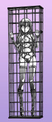 Rule 34 | 1girl, bad id, bad pixiv id, bdsm, bondage, bondage outfit, bound, breasts, cage, collar, cuffs, fish.boy, harness, highres, in cage, large breasts, latex, leather, long hair, looking at viewer, monochrome, original, solo, thighhighs