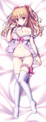 Rule 34 | 1girl, absurdres, bare shoulders, bed sheet, blush, bow, bow panties, breasts, bridal garter, cameltoe, choker, cleavage, cleft of venus, closed mouth, collarbone, commentary request, dakimakura (medium), fingernails, frilled choker, frilled panties, frills, full body, gluteal fold, groin, hair between eyes, hair bow, hair intakes, hand up, highres, huge filesize, lace, lace-trimmed legwear, lace trim, light brown hair, lingerie, long hair, lying, medium breasts, navel, negligee, no shoes, off shoulder, on back, original, panties, pink bow, pink panties, red eyes, ribbon-trimmed choker, ribbon trim, smile, solo, thighhighs, two side up, underwear, very long hair, wakuta chisaki, white choker, white thighhighs, wrist cuffs
