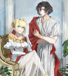 Rule 34 | 1boy, 1girl, :|, ahoge, alternate costume, armchair, black hair, blonde hair, bracelet, braid, braided bun, brown eyes, cape, chair, closed mouth, constantine xi (fate), crossed legs, detached sleeves, dress, earrings, fate/grand order, fate (series), feet out of frame, greco-roman clothes, green eyes, hair between eyes, hair bun, hair intakes, highres, jewelry, juliet sleeves, long sleeves, necklace, nero claudius (fate), nero claudius (fate) (all), nero claudius (formal dress) (fate), off-shoulder dress, off shoulder, official alternate costume, pillar, plant, puffy sleeves, red cape, robe, roman clothes, see-through, see-through dress, shicoro16, short hair, short sleeves, side cape, single hair bun, sitting, sleeveless, sleeveless dress, smile, standing, thighlet, white dress, white robe