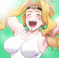 Rule 34 | 1girl, aoba (smartbeat), armpits, arms up, bare shoulders, blonde hair, breasts, closed eyes, collarbone, earrings, fate/grand order, fate (series), highres, jewelry, large breasts, long hair, open mouth, parted bangs, ponytail, quetzalcoatl (fate), smile, solo, tank top, white tank top