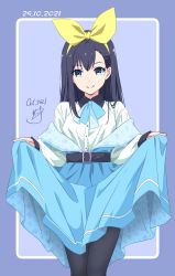 Rule 34 | 1girl, ascot, belt, belt buckle, black hair, black pantyhose, blue dress, blue eyes, buckle, buttons, collared shirt, commentary request, cowboy shot, dated, dress, hairband, highres, long hair, long sleeves, nii manabu, off shoulder, original, pantyhose, shirt, signature, skirt, skirt hold, smile, solo, split mouth, white shirt