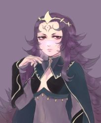 Rule 34 | 1girl, artist request, breasts, cape, cleavage, cleavage cutout, closed mouth, clothing cutout, elbow gloves, fire emblem, fire emblem fates, gloves, long hair, looking at viewer, nintendo, nyx (fire emblem), purple hair, red eyes, simple background, small breasts, solo, upper body, veil