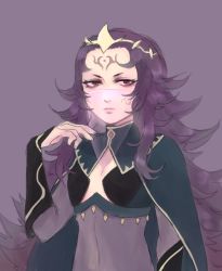 1girl artist_request breasts cape cleavage cleavage_cutout closed_mouth clothing_cutout elbow_gloves fire_emblem fire_emblem_fates gloves long_hair looking_at_viewer nintendo nyx_(fire_emblem) purple_hair red_eyes simple_background small_breasts solo upper_body veil