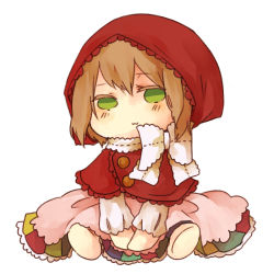 Rule 34 | 1girl, :3, axis powers hetalia, belgium (hetalia), blush, bow, brown hair, buttons, chibi, cloak, colored eyelashes, cosplay, dress, frilled dress, frills, full body, green eyes, hood, hooded cloak, little red riding hood, little red riding hood (grimm), little red riding hood (grimm) (cosplay), long sleeves, no nose, patch, personification, shoes, short hair, simple background, sitting, solo, uniraisu, white background, white bow