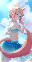 Rule 34 | 1girl, animal ears, bare shoulders, beach, bead bracelet, beads, bikini, blue bikini, blue eyes, blue sarong, blue sky, blush, bracelet, breasts, cloud, cloudy sky, commentary request, cow, crown, flower, from behind, hair bun, hair flower, hair ornament, highres, horse ears, horse girl, horse tail, jewelry, looking at viewer, monster010711, nape, o-ring, o-ring bikini, ocean, official alternate costume, official alternate hairstyle, orange hair, photoshop (medium), sarong, silence suzuka (emerald on the waves) (umamusume), silence suzuka (umamusume), sky, small breasts, smile, solo, swimsuit, tail, umamusume, water