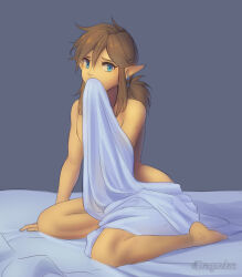 Rule 34 | 1boy, arm support, artist name, barefoot, blanket, blonde hair, blue eyes, commentary, covered mouth, earrings, english commentary, feet, full body, highres, holding, holding blanket, jewelry, link, long hair, looking at viewer, male focus, moonshadelf, nintendo, nude, pointy ears, ponytail, sidelocks, sitting, solo, the legend of zelda, the legend of zelda: breath of the wild
