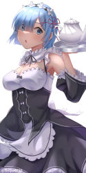 Rule 34 | 1girl, apron, artist name, birthday, blue eyes, blue hair, breasts, cleavage, commentary, cowboy shot, detached sleeves, hair over one eye, hair ribbon, highres, holding, holding plate, long sleeves, looking at viewer, maid, maid apron, maid headdress, medium breasts, open mouth, plate, re:zero kara hajimeru isekai seikatsu, rem (re:zero), ribbon, short hair, simple background, solo, teapot, tenpa (tenpa2190), translated, white background, wide sleeves
