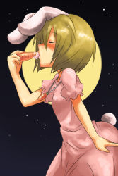 Rule 34 | 1girl, animal ears, blonde hair, carrot, cosplay, closed eyes, face, female focus, harusame (unmei no ikasumi), inaba tewi, inaba tewi (cosplay), lunasa prismriver, moon, rabbit ears, rabbit girl, rabbit tail, sexually suggestive, short hair, solo, tail, touhou