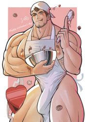 Rule 34 | 1boy, :q, alternate facial hair, alternate pectoral size, apron, bara, beard, blush, box, brown hair, bulge, chocolate, chocolate on body, chocolate on pectorals, cooking, facial hair, feet out of frame, food on body, head scarf, heart-shaped box, highres, large pectorals, long sideburns, looking at viewer, ma am 00, male focus, mature male, muscular, muscular male, naked apron, nipple slip, nipples, one eye closed, outside border, pectorals, short hair, sideburns, sidepec, solo, stubble, takabushi kengo, thick eyebrows, thick thighs, thighs, tokyo houkago summoners, tongue, tongue out, valentine, white apron