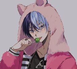 Rule 34 | 1boy, animal ears, animal hood, aoyagi touya, awakening beat (project sekai), beat eater (vocaloid), blue eyes, blue hair, candy, commentary, dark blue hair, fingernails, food, grey background, hair between eyes, hamster ears, hand up, highres, holding, holding candy, holding food, holding lollipop, hood, hooded jacket, jacket, jewelry, lollipop, long sleeves, looking at viewer, male focus, mole, mole under eye, multicolored hair, official alternate costume, open mouth, project sekai, ring, short hair, simple background, solo, sorase (so17p), teeth, two-tone hair, upper body, upper teeth only