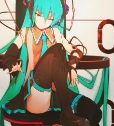 Rule 34 | 1girl, blood, female focus, garter straps, hatsune miku, headphones, long hair, looking at viewer, nail polish, panties, sitting, solo, striped clothes, striped panties, thighhighs, twintails, underwear, very long hair, vocaloid