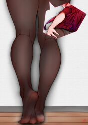 Rule 34 | 1girl, 32mtnext, absurdres, alternate costume, brown pantyhose, commentary request, feet, from behind, gradient hair, grey background, hand on own ass, heel up, highres, hololive, houshou marine, kneepits, legs, long hair, looking back, lower body, multicolored hair, no shoes, panties, panties under pantyhose, pantyhose, purple hair, red hair, red shirt, see-through, see-through legwear, shadow, shirt, short sleeves, signature, soles, solo, thighs, underwear, virtual youtuber, wooden floor