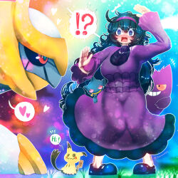 Rule 34 | !?, 1girl, @ @, arms up, banette, black footwear, black frills, black hair, black sweater, blue eyes, blush, breasts, colored sclera, creatures (company), curly hair, dress, frilled dress, frills, full body, game freak, gen 1 pokemon, gen 3 pokemon, gen 4 pokemon, gen 7 pokemon, gengar, giratina, grass, grin, hair between eyes, hairband, hakkasame, headband, heart, hex maniac (pokemon), highres, knees together feet apart, large breasts, legendary pokemon, long hair, long sleeves, looking at animal, looking at another, looking to the side, mary janes, mimikyu, mythical pokemon, nintendo, notice lines, open mouth, outline, pokemon, pokemon (creature), pokemon xy, purple dress, purple eyes, rainbow background, rainbow gradient, red sclera, ribbed sweater, ringed eyes, shocked pupils, shoes, smile, speech bubble, spider web print, spoken heart, standing, surprised, surprised arms, sweat, sweat drops, sweater, tagme, talking, teeth, thick thighs, thighs, turtleneck, turtleneck sweater, two-tone eyes, very long hair, waving, waving arm, wavy mouth, wide-eyed, zipper, zipper mouth