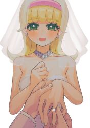 Rule 34 | 1girl, bare shoulders, blonde hair, bridal veil, dress, earrings, goha yuuna, green eyes, hairband, hand grab, highres, jewelry, long hair, looking at viewer, necklace, open mouth, out of frame, pink hairband, ring, simple background, veil, wedding dress, wedding ring, white background, yu-gi-oh!, yu-gi-oh! go rush!!, yuzutaroman