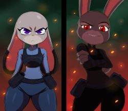 Rule 34 | 10s, 2girls, angry, animal ears, body fur, rabbit, closed mouth, curvy, dark persona, dragon ball, dragon ball super, dual persona, eric lowery, eyebrows, female focus, furry, furry female, grin, highres, judy hopps, multiple girls, parody, purple eyes, red eyes, smile, standing, sweat, teeth, thighs, uniform, zootopia