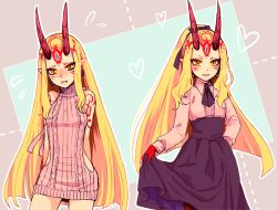 Rule 34 | 1girl, :d, arms behind back, bare shoulders, blonde hair, blush, dress, dual persona, earrings, fate/grand order, fate (series), flying sweatdrops, hizuki aya, horns, ibaraki douji (fate), jewelry, long hair, looking at viewer, meme attire, oni, open mouth, pointy ears, ponytail, sleeveless, smile, solo, tattoo, very long hair, virgin killer outfit, virgin killer sweater, yellow eyes