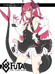 Rule 34 | 10s, 1girl, black dress, blue eyes, blush, bracelet, breasts, curled horns, detached sleeves, dragon girl, dragon horns, dragon tail, dress, elizabeth bathory (fate), fate/extra, fate/extra ccc, fate (series), futanari, hair between eyes, hair ribbon, hand on own hip, horns, jewelry, large penis, long hair, long sleeves, motion lines, penis, penis peek, pink hair, pointy ears, purple ribbon, ribbon, simple background, sleeveless, sleeveless dress, small breasts, smile, solo, standing, tail, testicles, third-party edit, twitching, uncensored, white background