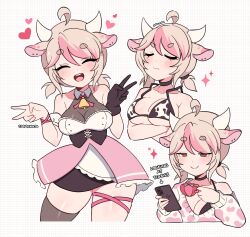 Rule 34 | 1girl, absurdres, ahoge, animal ears, animal print, bare shoulders, bell, bikini, black bra, black choker, black gloves, blonde hair, blush, bra, breasts, cellphone, choker, cleavage, closed eyes, cow ears, cow girl, cow horns, cow print, cow print bikini, cremanata, cremavatar, crossed arms, cup, double v, english text, gloves, grid background, heart, highres, holding, holding cup, holding phone, horns, large breasts, looking at phone, multicolored hair, multiple views, neck bell, open mouth, original, phone, pink hair, pink sweater, print bikini, print bra, print sweater, short hair, short twintails, single glove, smartphone, smile, sparkle, sweater, swimsuit, teeth, twintails, two-tone hair, two-tone sweater, underwear, upper teeth only, v, white sweater