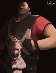 1boy 1girl absurdres ammunition_belt bald black_background blue_archive commentary food halo heavy_(tf2) height_difference highres milk_carton natsu_(blue_archive) pink_hair red_eyes red_heavy_(tf2) sandvich sandwich school_uniform shade smile team_fortress_2 zheng_kai_xin