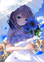 Rule 34 | 1girl, absurdres, blue flower, blush, braid, breasts, brown hair, choker, cleavage, cloud, cloudy sky, collarbone, commentary request, dappled sunlight, dress, falling petals, flower, french braid, frilled dress, frills, green eyes, highres, holding, holding umbrella, light particles, medium breasts, original, parasol, petals, sky, sleeveless, sleeveless dress, smile, solo, sunflower, sunlight, tsukimiya sara, umbrella, white choker, white dress