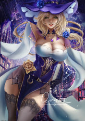 Rule 34 | 1girl, armpits, blonde hair, blue flower, book, breasts, cleavage, donyta, dress, flower, genshin impact, green eyes, hat, large breasts, lisa (genshin impact), long hair, looking at viewer, pelvic curtain, purple dress, signature, tagme, thighhighs, witch hat